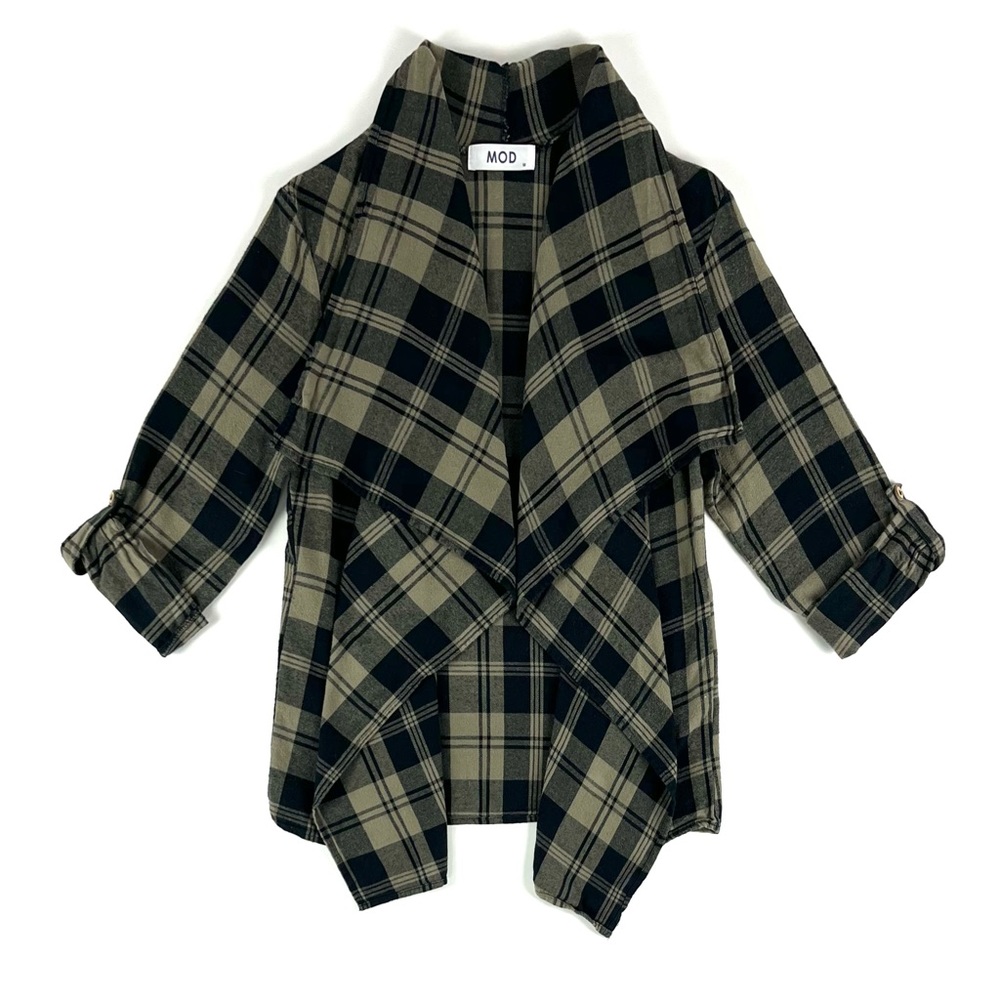 MOD Boutique Flyaway Open Roll-Tab Sleeve Plaid Flannel Top